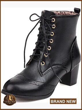 Brogue Ankle Boots Chunky Block Heel Lace Up Bootie Round Toe